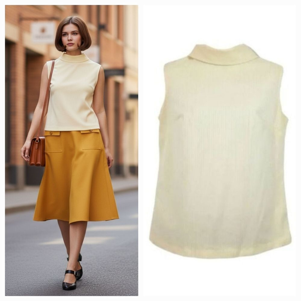 NEW Vintage 70's ILGWU Union Made Ribbed Ivory High Neck Sleeveless Top Size 14